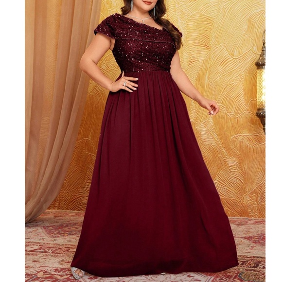 Plus Dusty Pink Sequin Flowy High Waisted Party Formal Wedding Dress - Picture 4 of 11